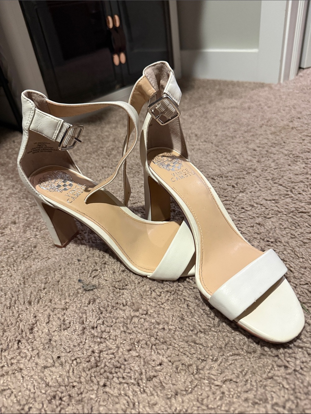 Vince Camuto White Ankle-Strap Block Heel Sandals